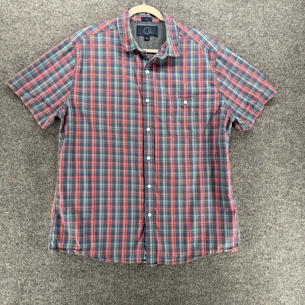 Even Tide Shirt Mens XL Slim Gray Plaid Button Up‎ Short Sleeve Casual Preppy